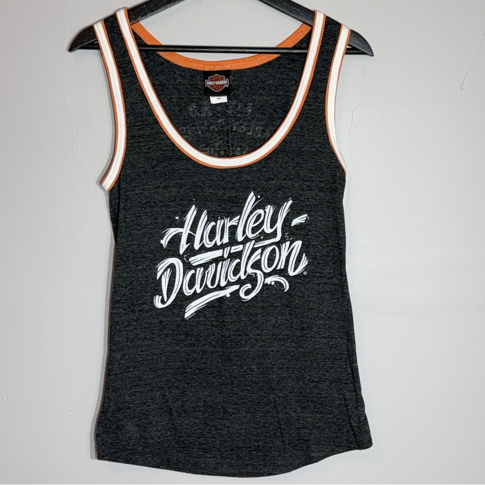 Harley-Davidson Black Tank with White Script and Orange Trim Size Medium